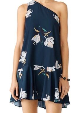 Amanda Uprichard Floral Painted Drop Waist One-Shoulder Navy Floral Swing Dress